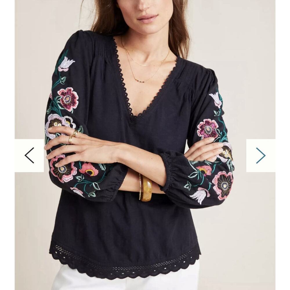 Anthropologie Helene Embroidered Peasant Blouse Black Floral | Size S | Sold Out